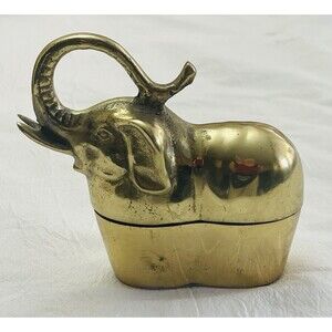 Solid Brass Elephant Trunk up Trinket Box  Heavy Korea Vintage Collectible